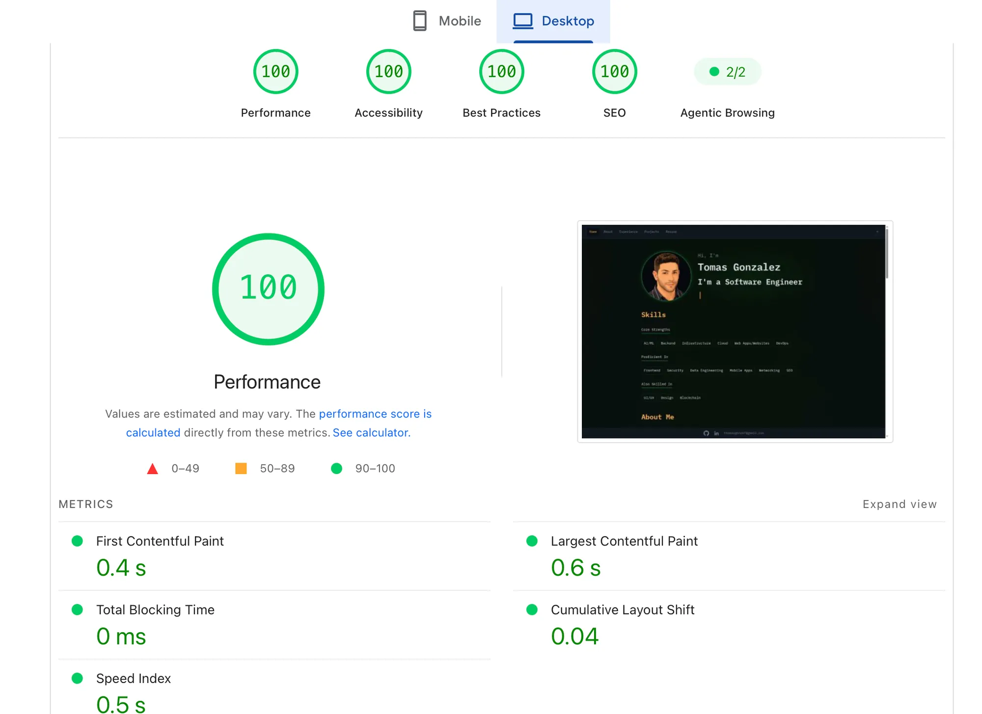 Google PageSpeed Insights results for tomasgonz67.com: performance, accessibility, best practices and SEO scores.